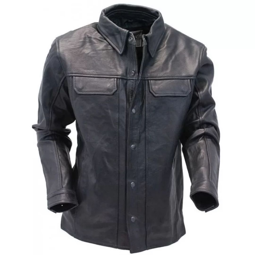 Men's Timeless Look Real Sheepskin Black Leather Shirt - AMSEL LEATHERS