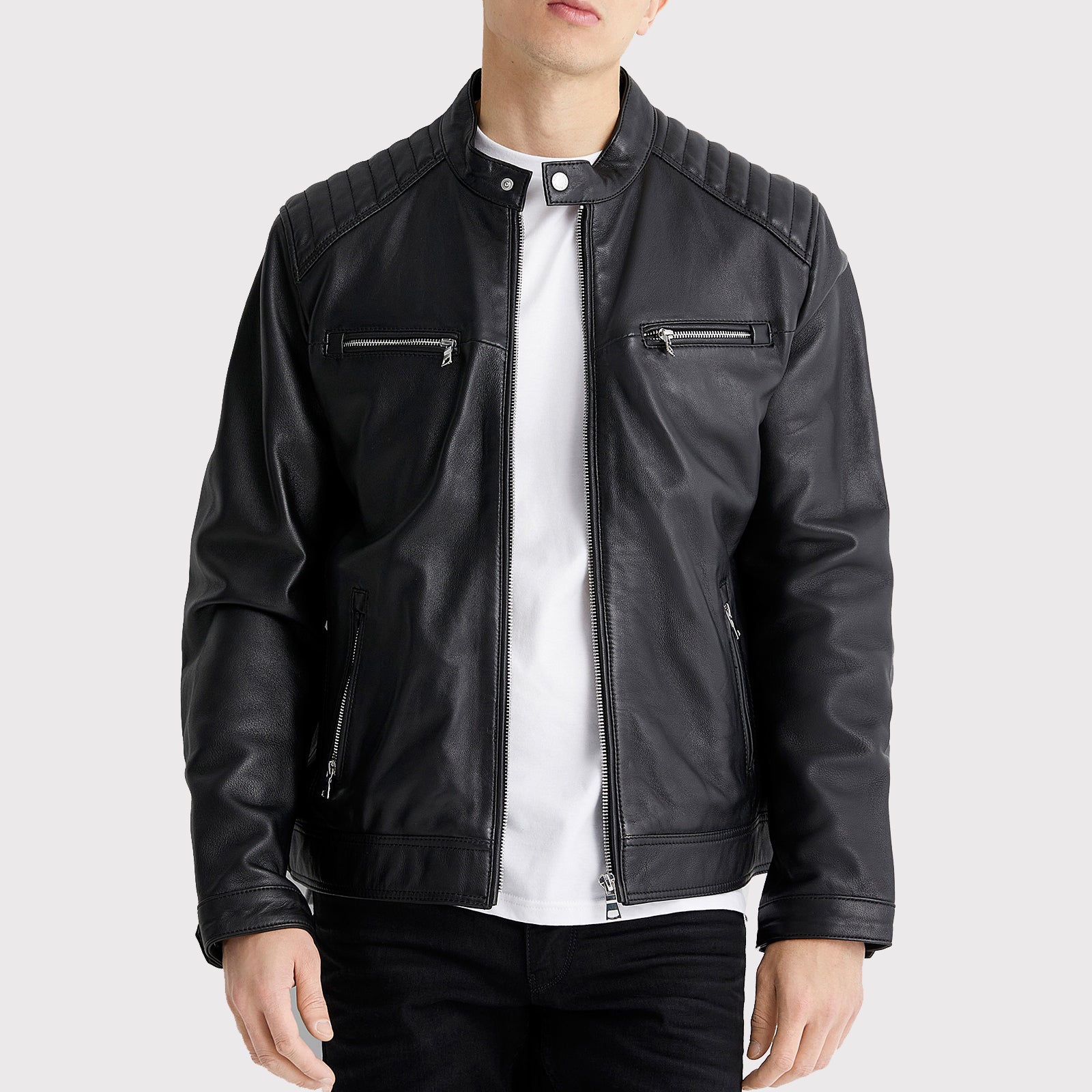 Men's Top Stitched Black Biker Jacket - AMSEL LEATHERS