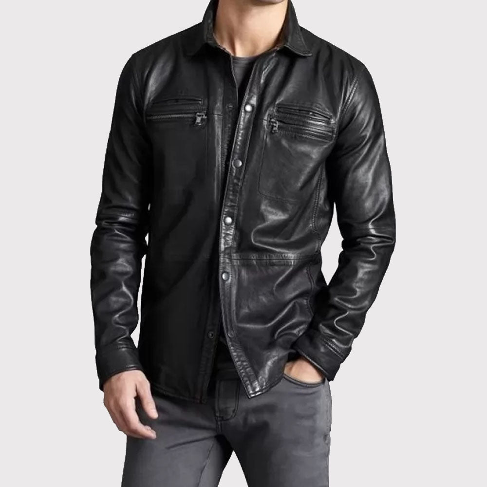 Trendsetting Men's Real Sheepskin Black Leather Shirt - AMSEL LEATHERS