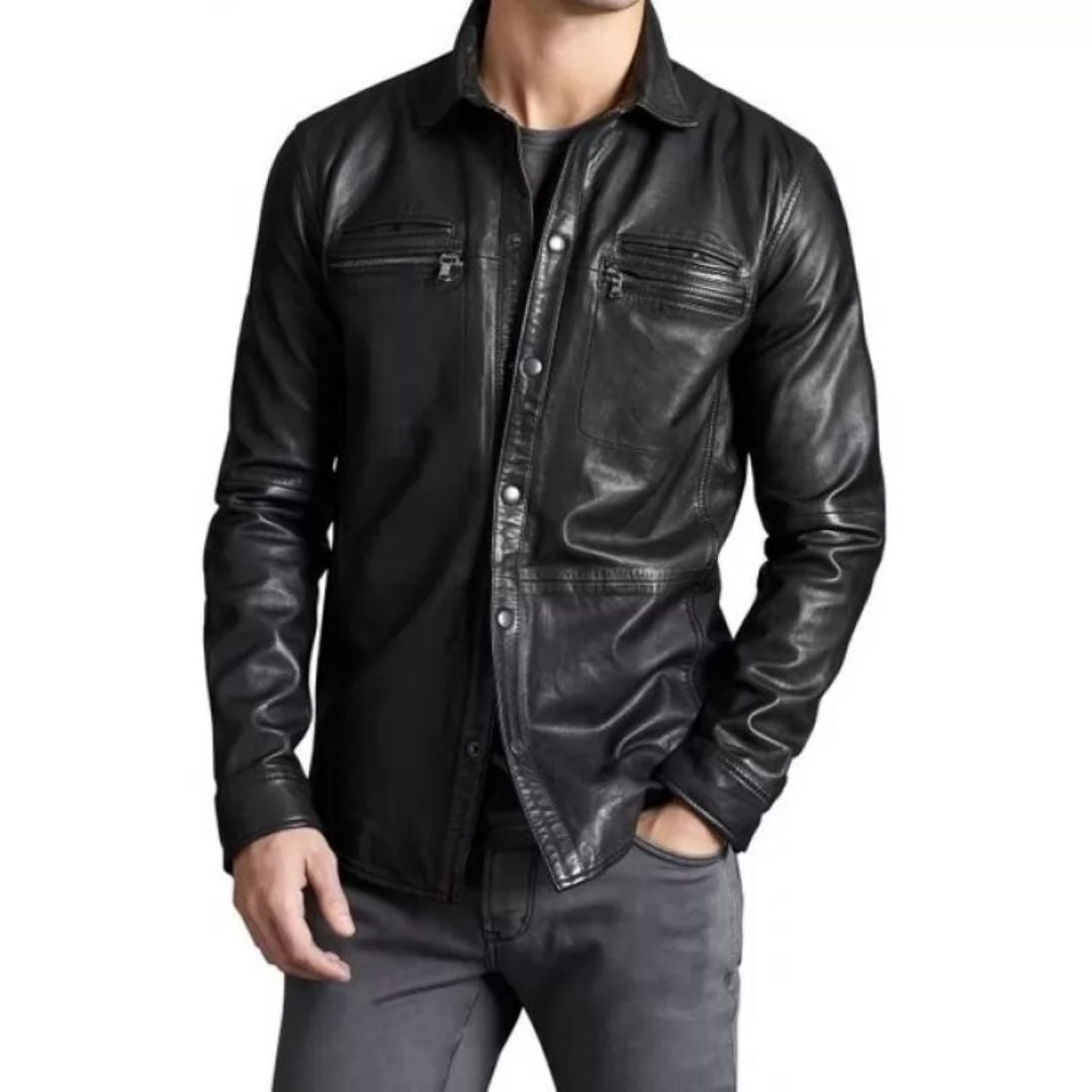 Men's Trendsetting Real Sheepskin Black Leather Shirt - AMSEL LEATHERS