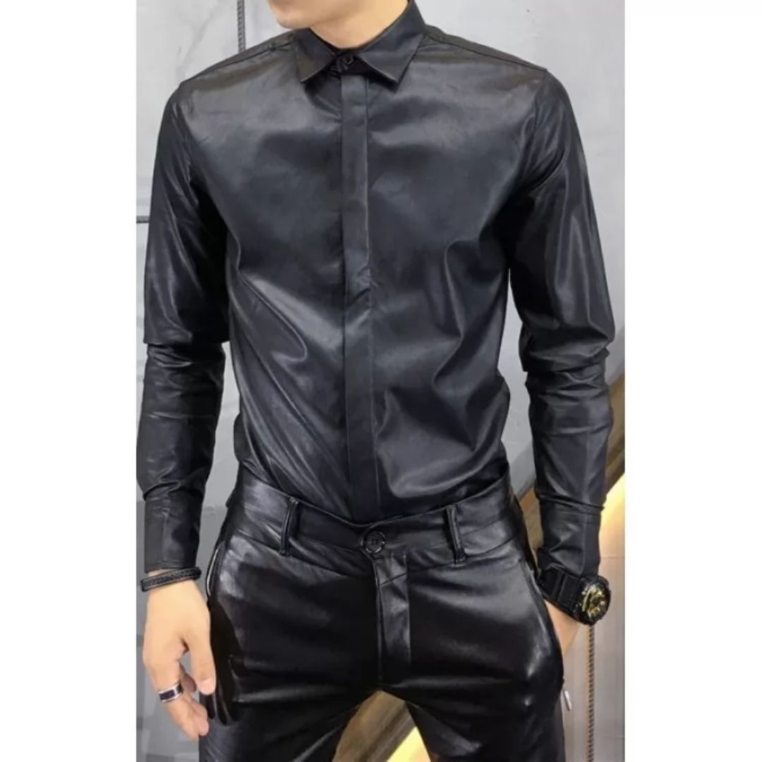 Men's Trendy Real Sheepskin Black Leather Shirt - AMSEL LEATHERS