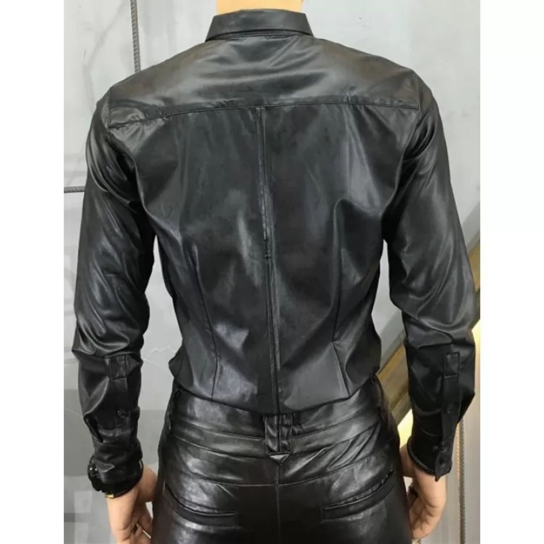 Men's Trendy Real Sheepskin Black Leather Shirt - AMSEL LEATHERS