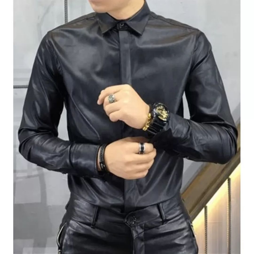 Men's Trendy Real Sheepskin Black Leather Shirt - AMSEL LEATHERS