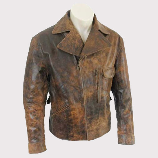 Men's Vintage 70s Biker Style Leather Jacket - Genuine Cowhide Distressed Brown - AMSEL LEATHERS