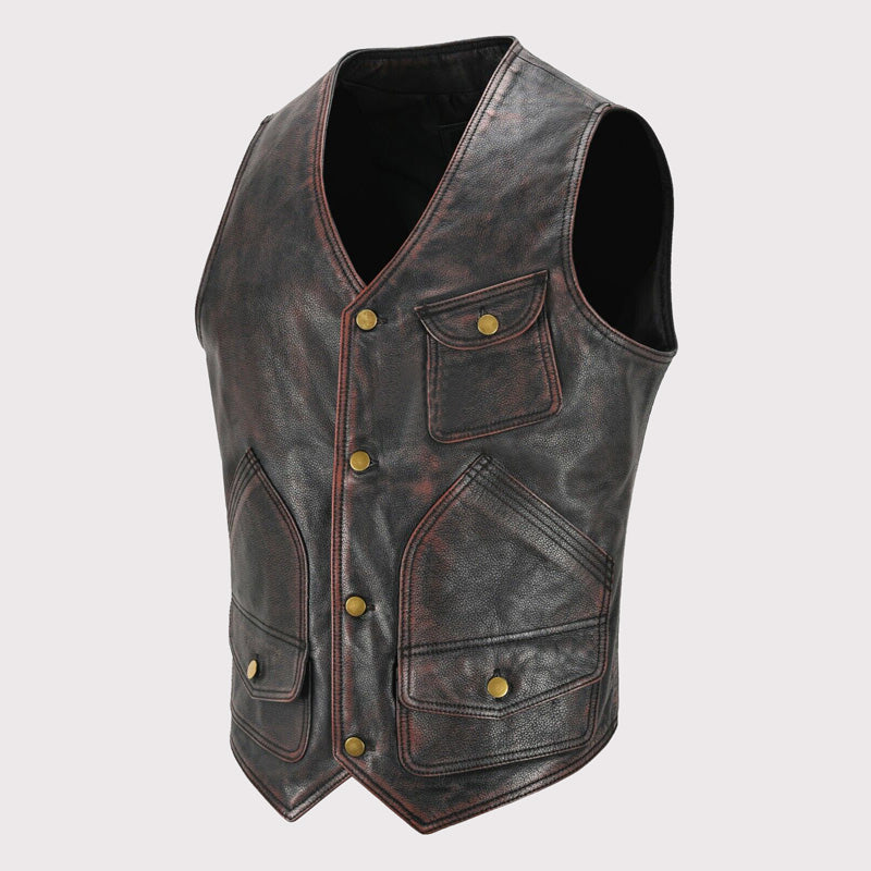 Vintage Black Red Waxed Leather Vest for Men - AMSEL LEATHERS