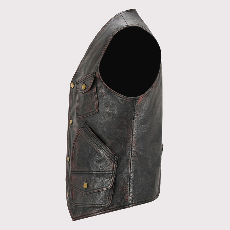 Vintage Black Red Waxed Leather Vest for Men - AMSEL LEATHERS