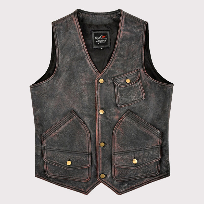 Vintage Black Red Waxed Leather Vest for Men - AMSEL LEATHERS