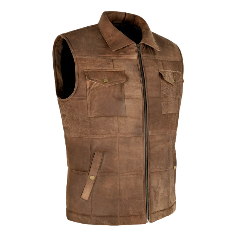 Men's Vintage Brown Leather Bodywarmer Vest - Quilted Puffer Waistcoat - AMSEL LEATHERS