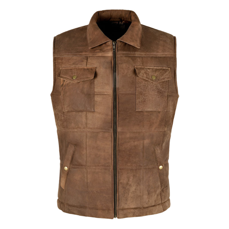 Men's Vintage Brown Leather Bodywarmer Vest - Quilted Puffer Waistcoat - AMSEL LEATHERS