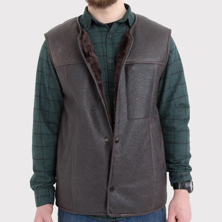 Men's Western Sheepskin Vest with Secret Zip Front Pocket - AMSEL LEATHERS