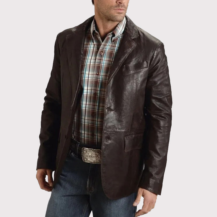 Western Smooth Brown Leather Blazer Jacket for Men - AMSEL LEATHERS