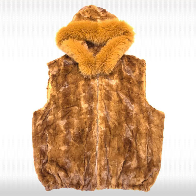 Men's Whisky Mink Diamond Cut Fox Fur Hooded Vest - AMSEL LEATHERS