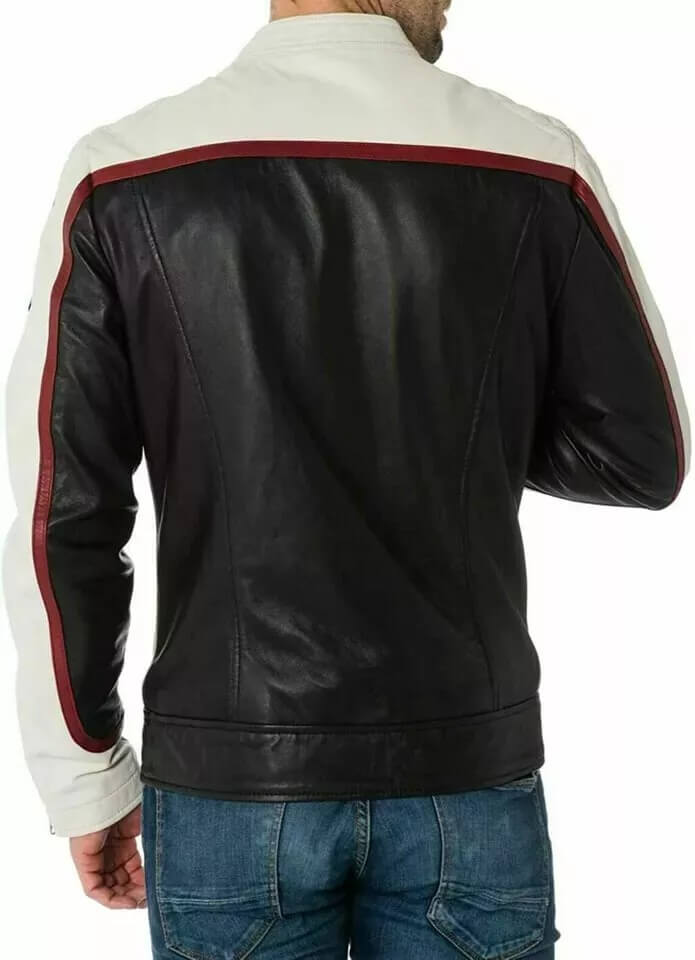 Men's White & Black Genuine Lambskin Motorcycle Biker Jacket - AMSEL LEATHERS