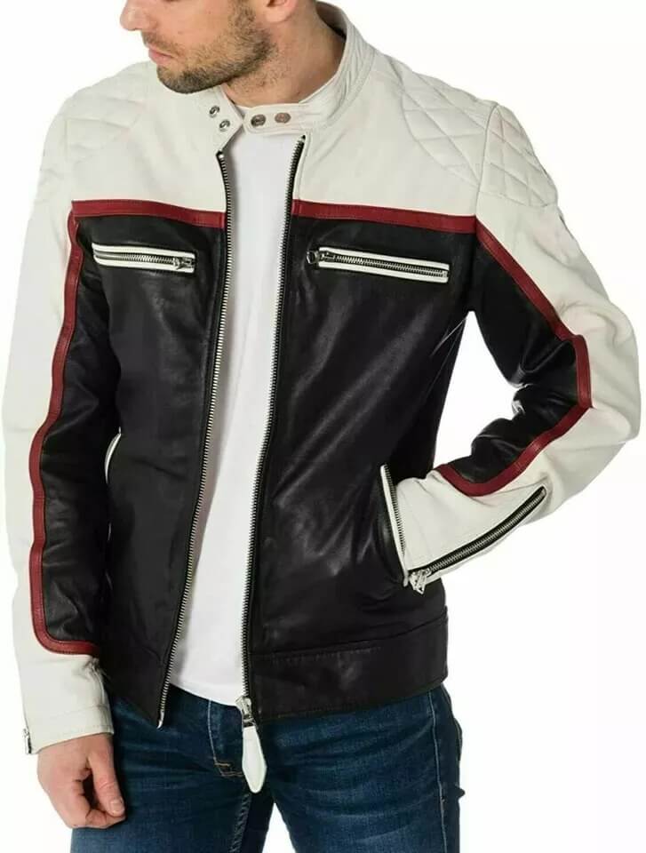 Men's White & Black Genuine Lambskin Motorcycle Biker Jacket - AMSEL LEATHERS