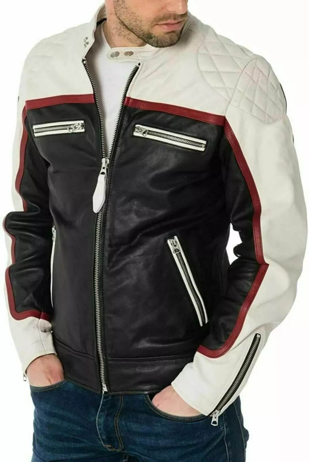 Men's White & Black Genuine Lambskin Motorcycle Biker Jacket - AMSEL LEATHERS