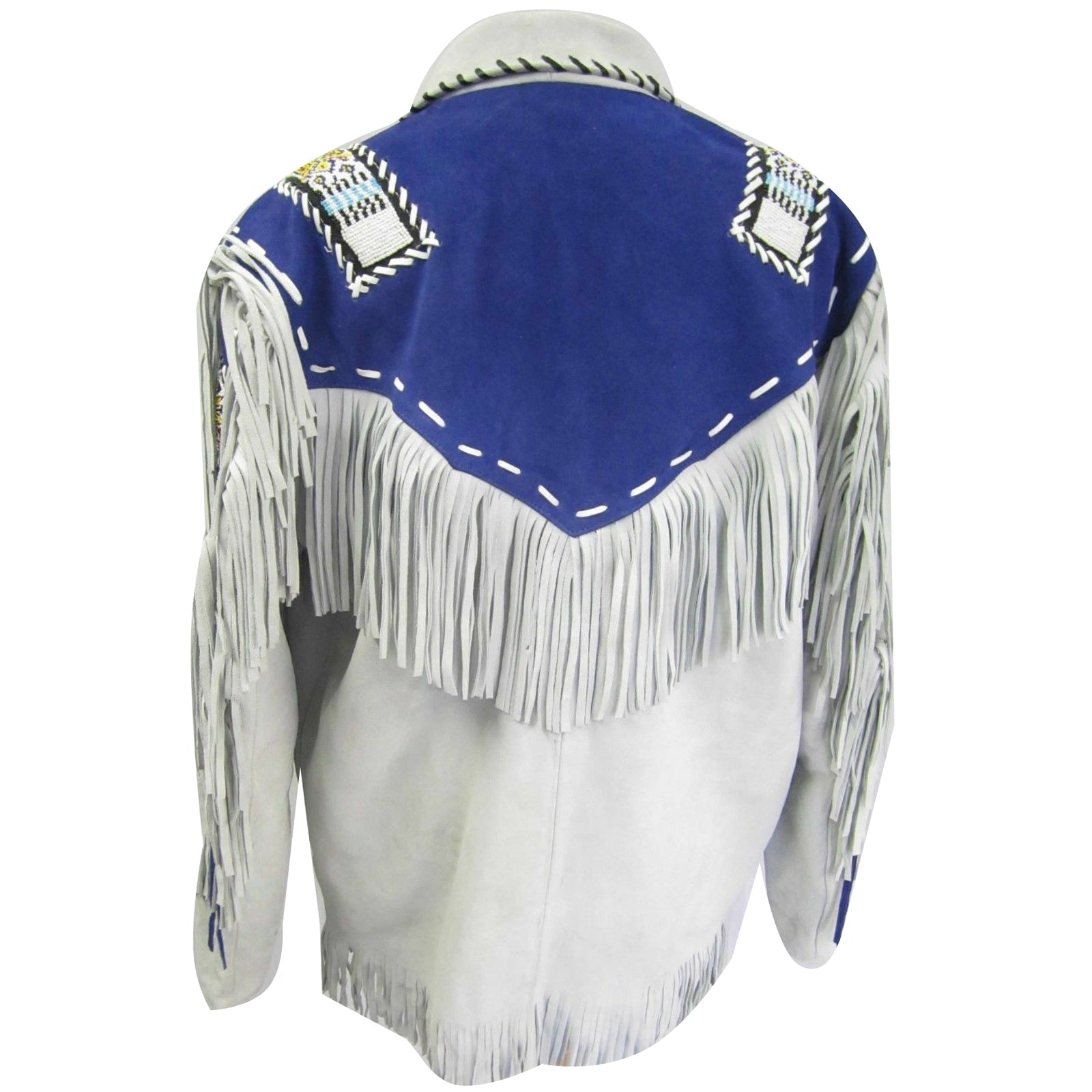 Men's White and Blue Suede Leather Cowboy Coat with Fringed and Beaded Jacket - AMSEL LEATHERS