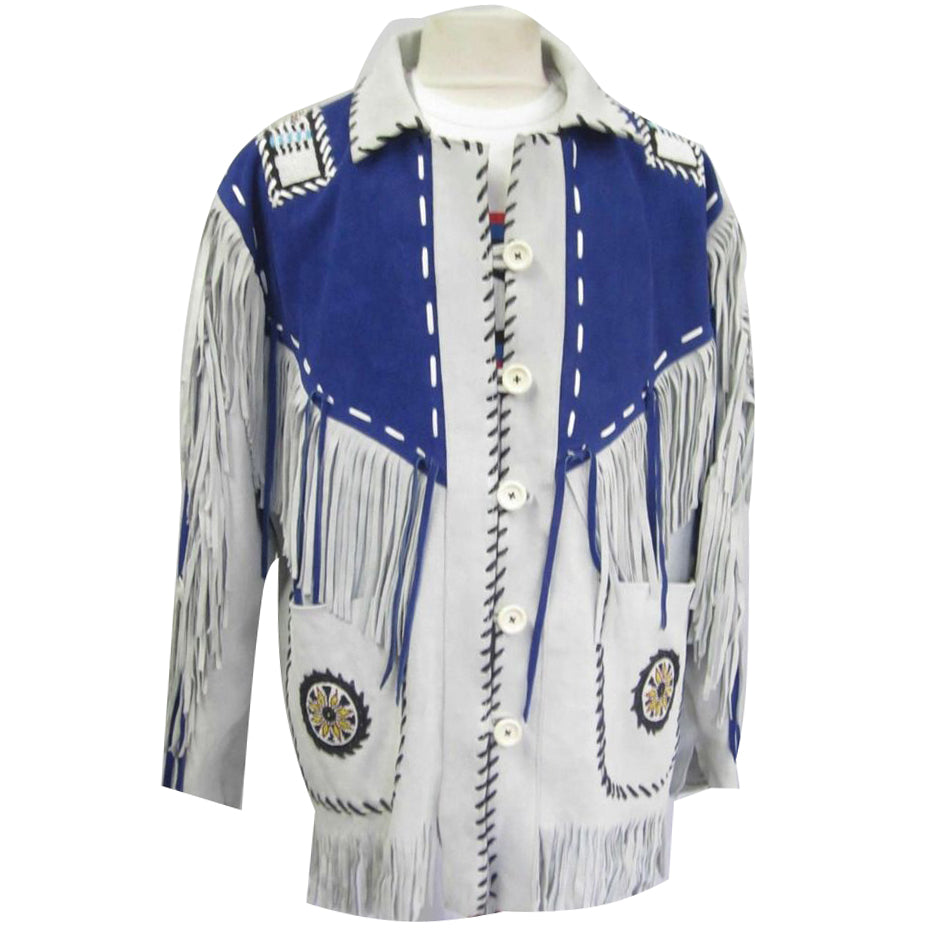 Men's White and Blue Suede Leather Cowboy Coat with Fringed and Beaded Jacket - AMSEL LEATHERS