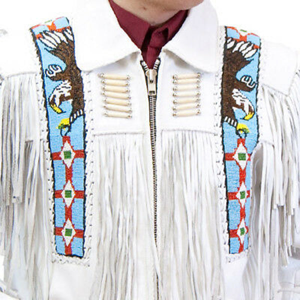 Men's White Suede Leather Jacket with Fringed Cowboy and Eagle Beaded Design - AMSEL LEATHERS