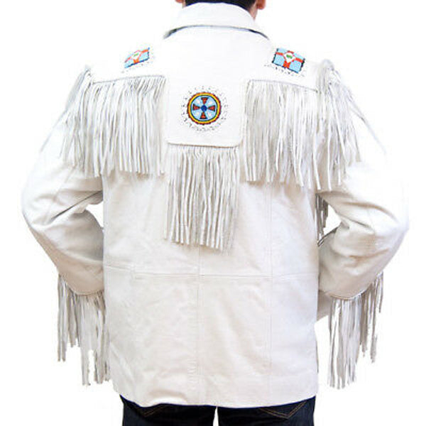 Men's White Suede Leather Jacket with Fringed Cowboy and Eagle Beaded Design - AMSEL LEATHERS