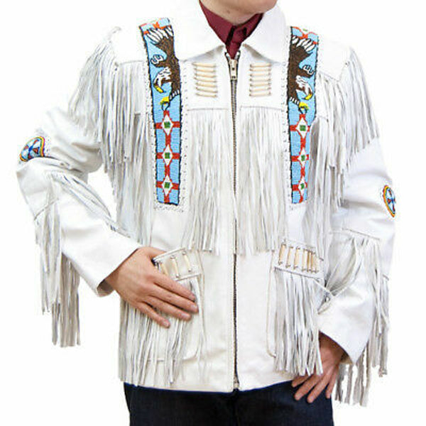 Men's White Suede Leather Jacket with Fringed Cowboy and Eagle Beaded Design - AMSEL LEATHERS