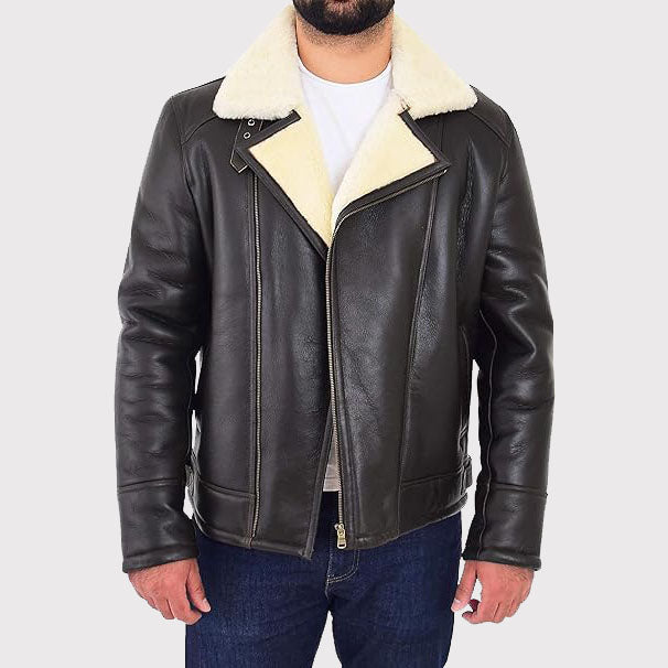 Men's X-Zip Fitted Shearling Aviator Bomber Coat - Sheepskin Flying Jacket - AMSEL LEATHERS