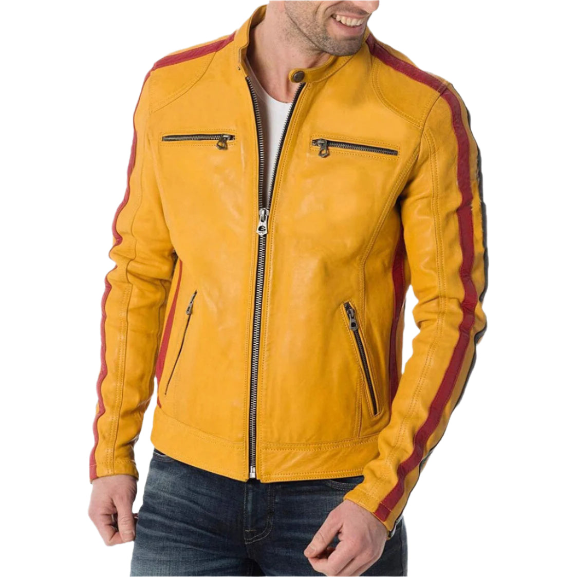 Men's Yellow Leather Motorcycle Jacket - Ride in Style! - AMSEL LEATHERS