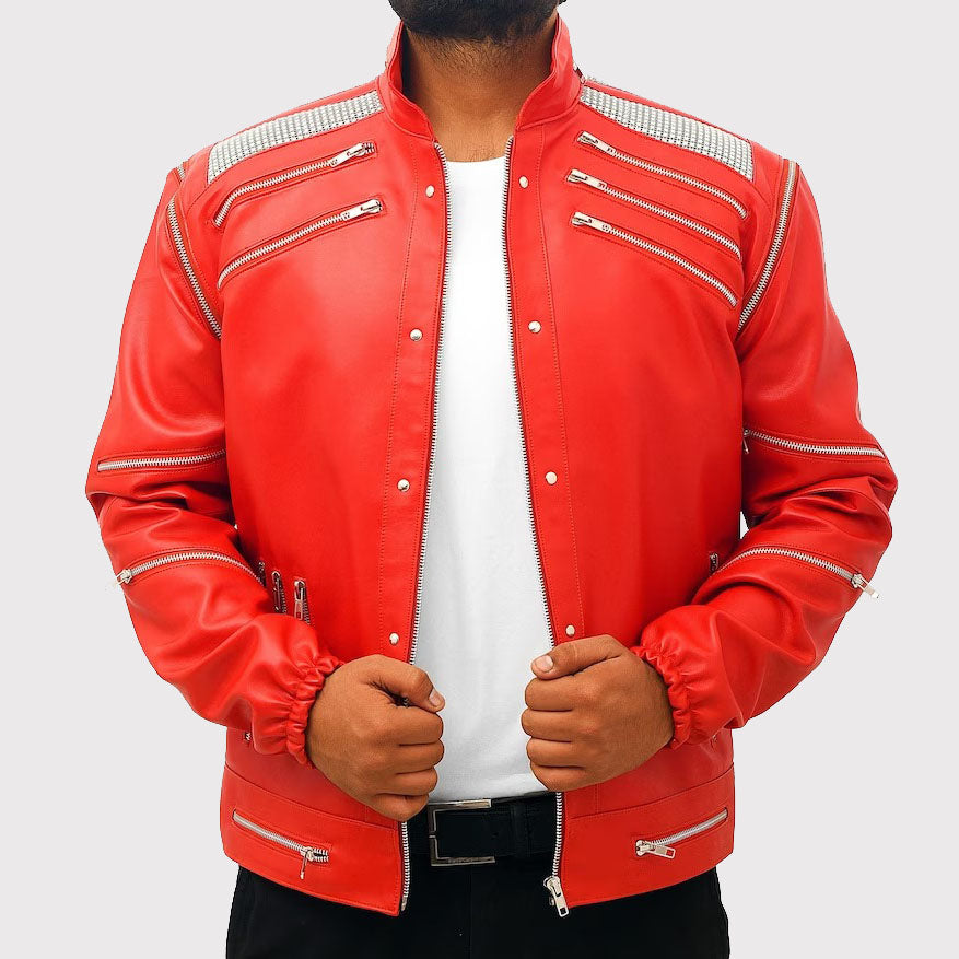 Michael Jackson 'MJ Beat It' Real Leather Biker Jacket for Men - AMSEL LEATHERS