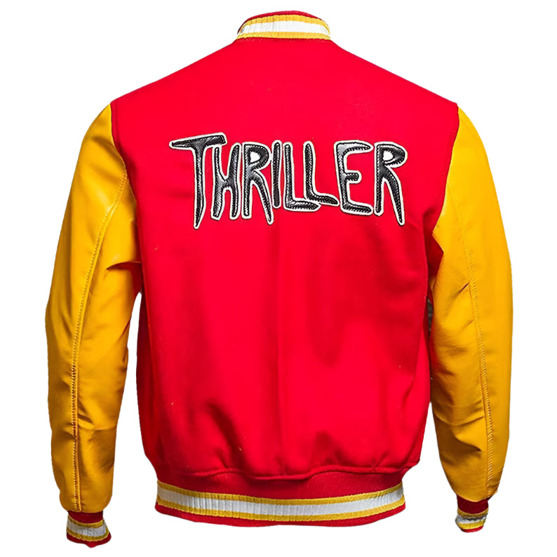 MJ Michael Jackson Thriller Varsity Bomber Jacket - Red M Logo - AMSEL LEATHERS