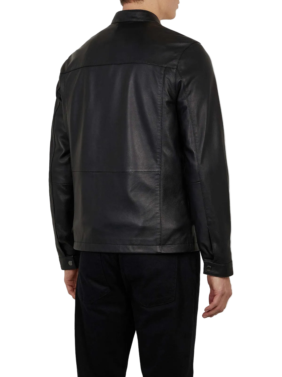 • simple black leather jacket zip front close up
