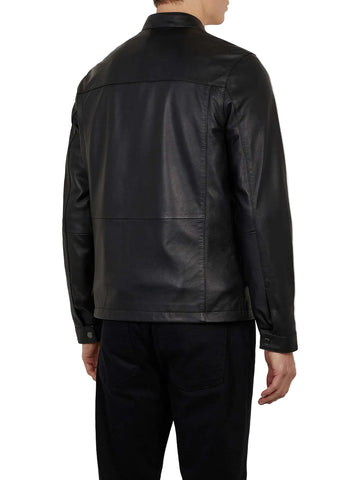• simple black leather jacket zip front close up
