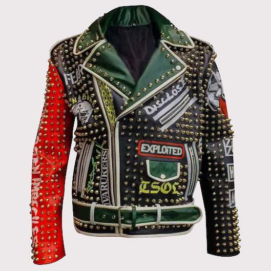 Handmade Gothic Patches Studded Leather Jacket for Men - Motorbike Hippie Fashion - AMSEL LEATHERS