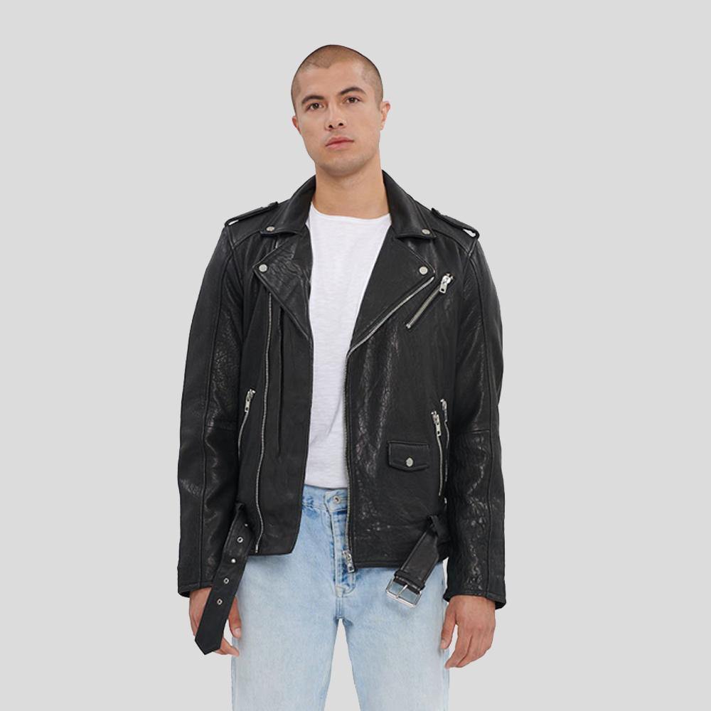 men's black lambskin leather biker jacket silas front view