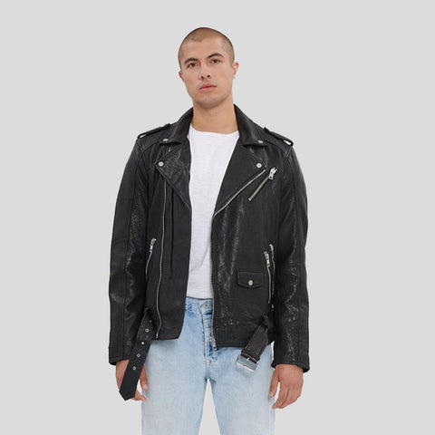men's black lambskin leather biker jacket silas front view
