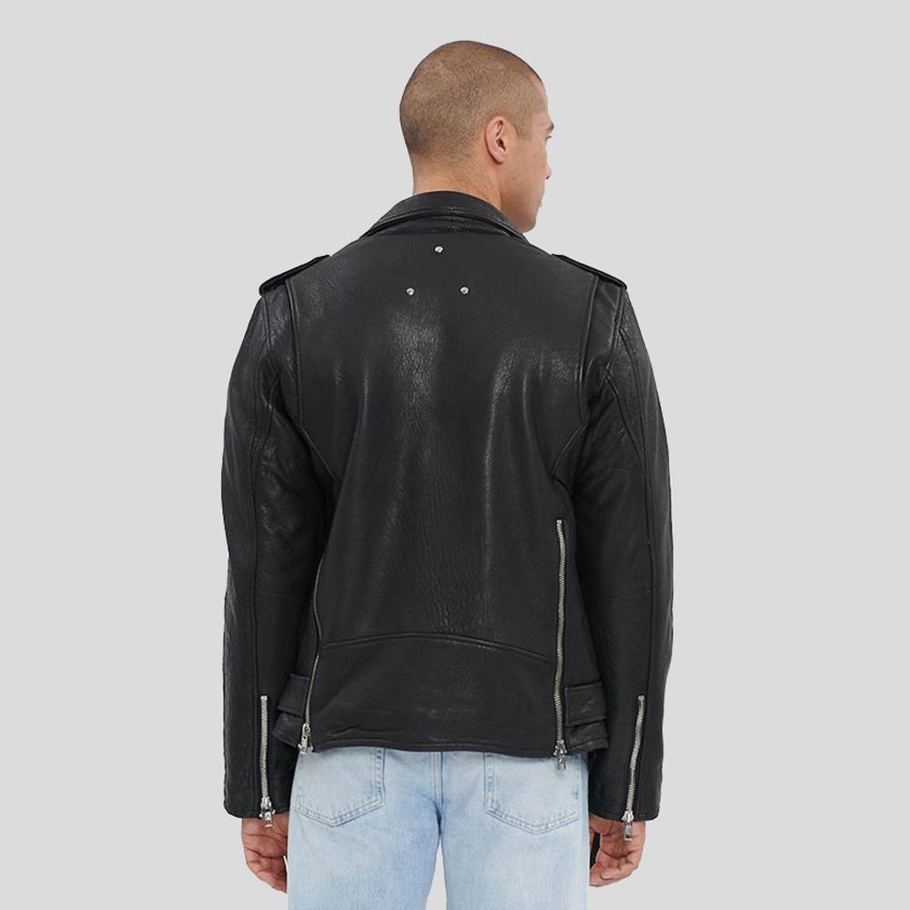 men's black lambskin leather biker jacket silas side angle