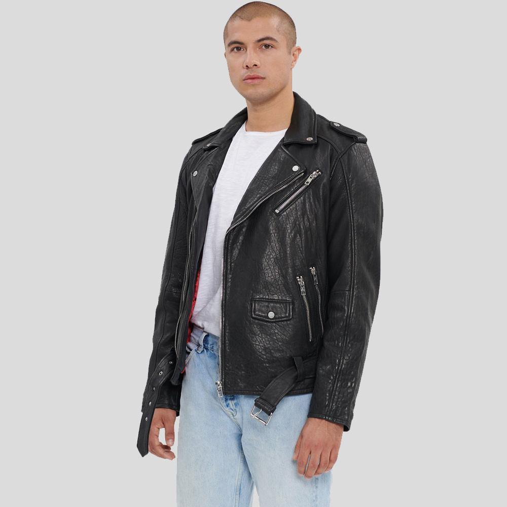 men's black lambskin leather biker jacket silas back view