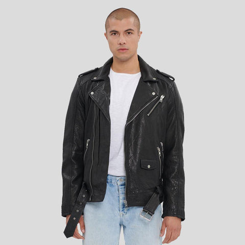 men's black lambskin leather biker jacket silas detail close up