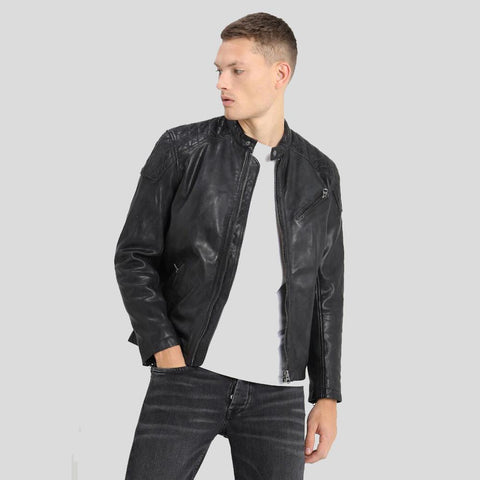 women's black quilted lambskin leather racer jacket selene front view