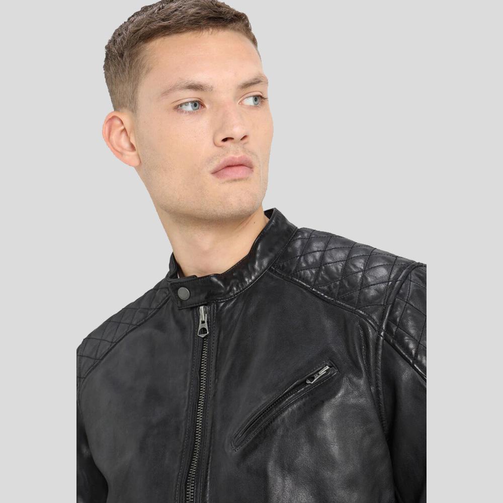 women's black quilted lambskin leather racer jacket selene back view