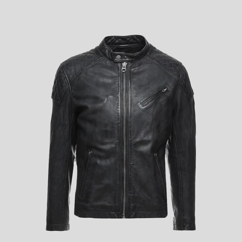 women's black quilted lambskin leather racer jacket selene detail close up