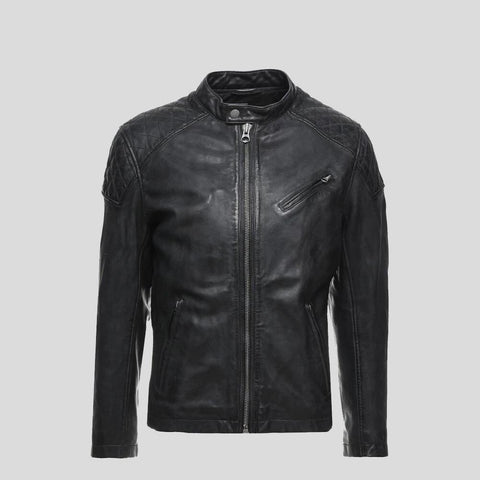 women's black quilted lambskin leather racer jacket selene detail close up