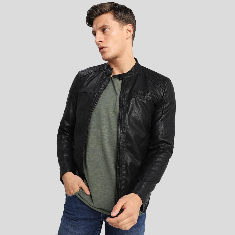 men's black quilted lambskin leather racer jacket silas front view