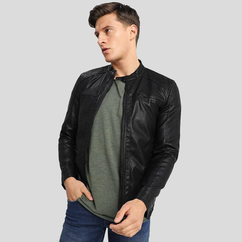men's black quilted lambskin leather racer jacket silas front view