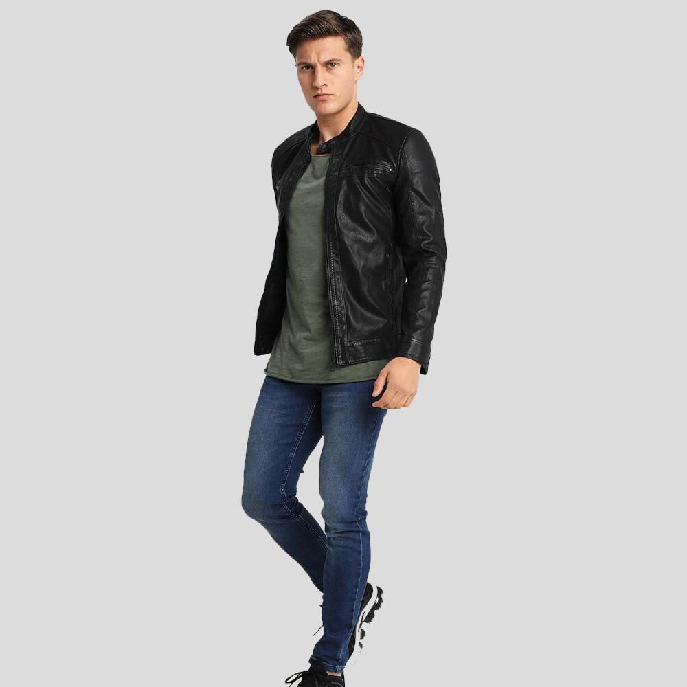 men's black quilted lambskin leather racer jacket silas side angle