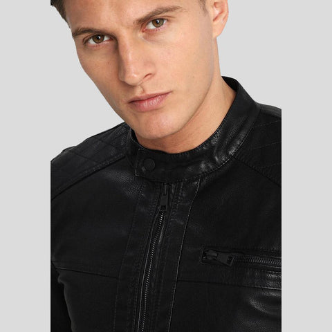 men's black quilted lambskin leather racer jacket silas detail close up