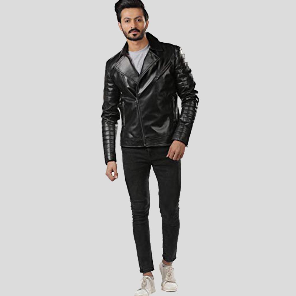 men's black lambskin leather bomber jacket lorcan detail close up