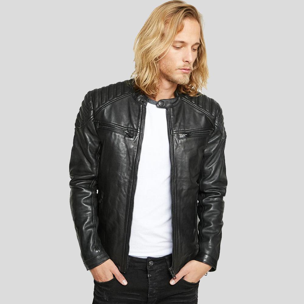 men's black quilted leather biker jacket armand front view