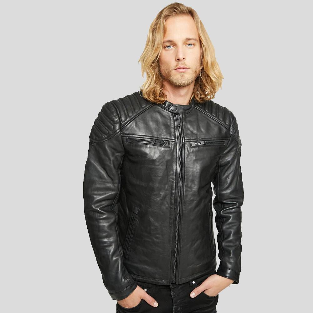 men's black quilted leather biker jacket armand side angle