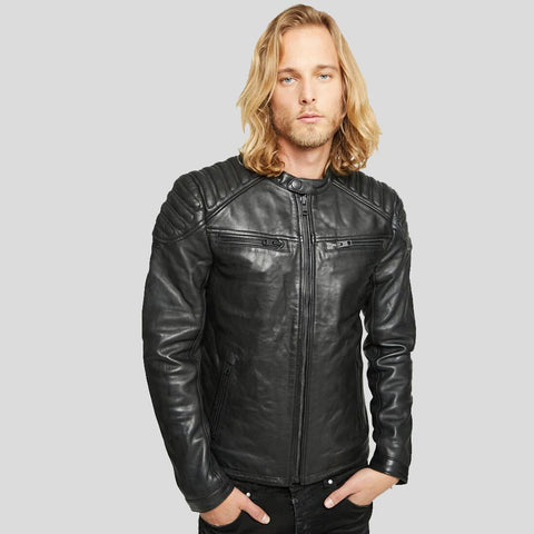 men's black quilted leather biker jacket armand side angle