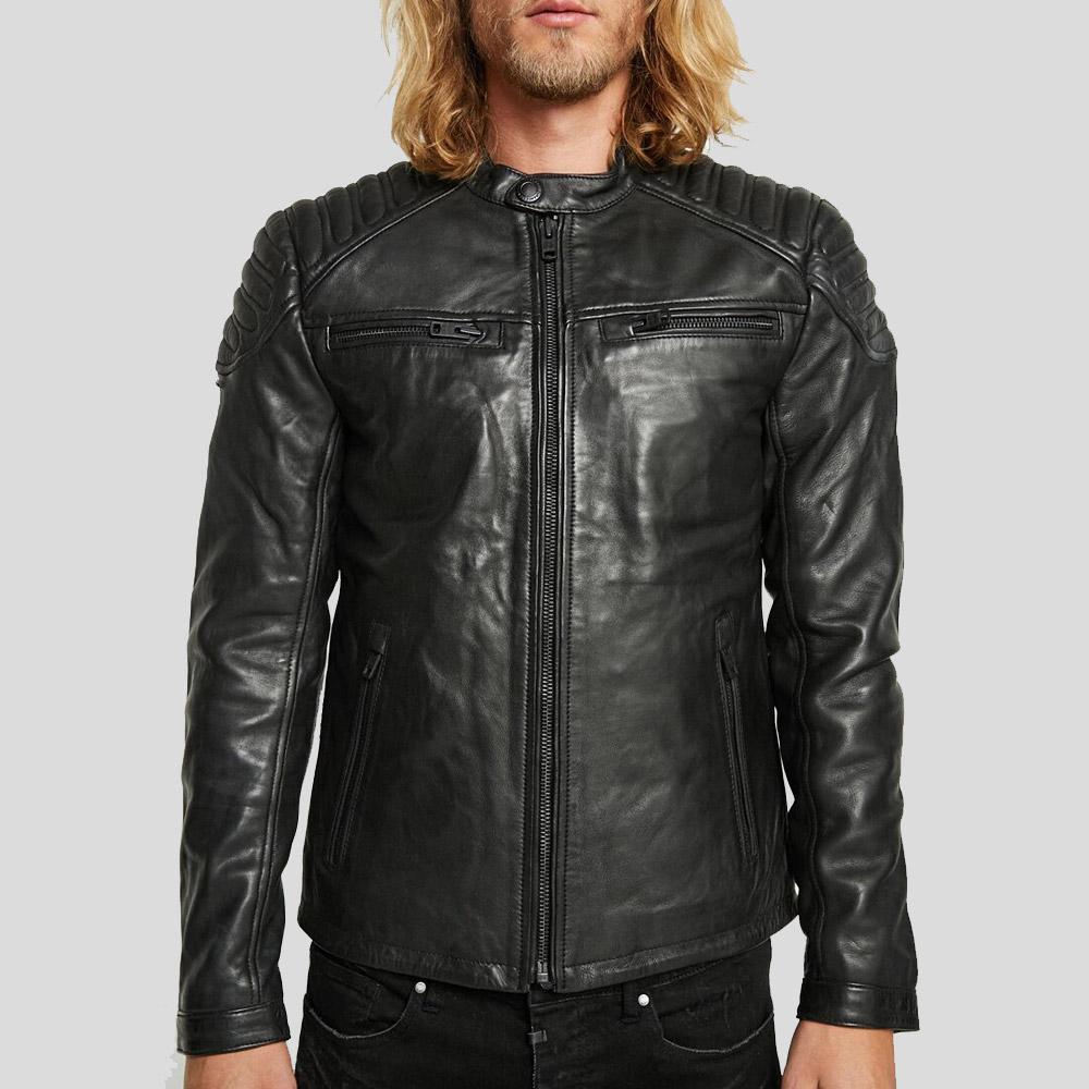 men's black quilted leather biker jacket armand detail close up