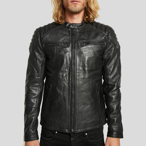 men's black quilted leather biker jacket armand detail close up